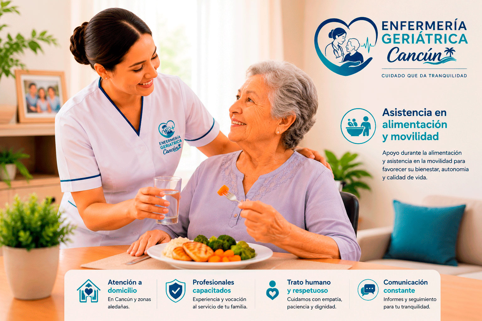 Enfermera asistiendo a un adulto mayor durante la alimentación