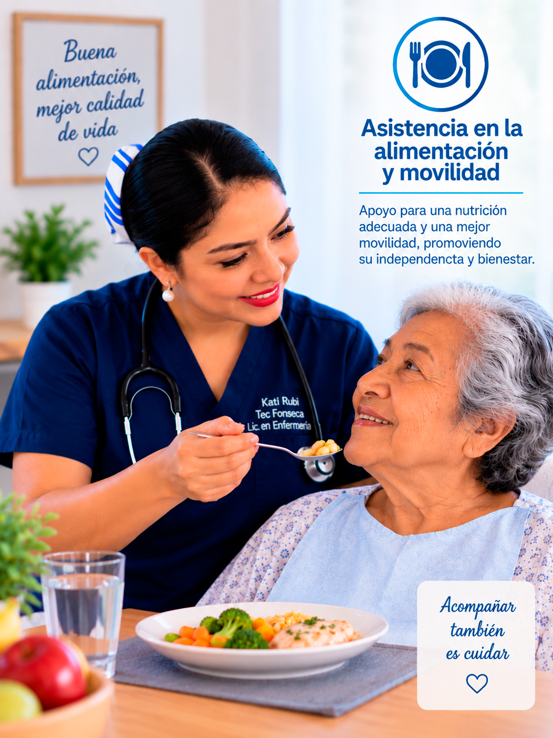 Kati brindando asistencia en alimentación y movilidad