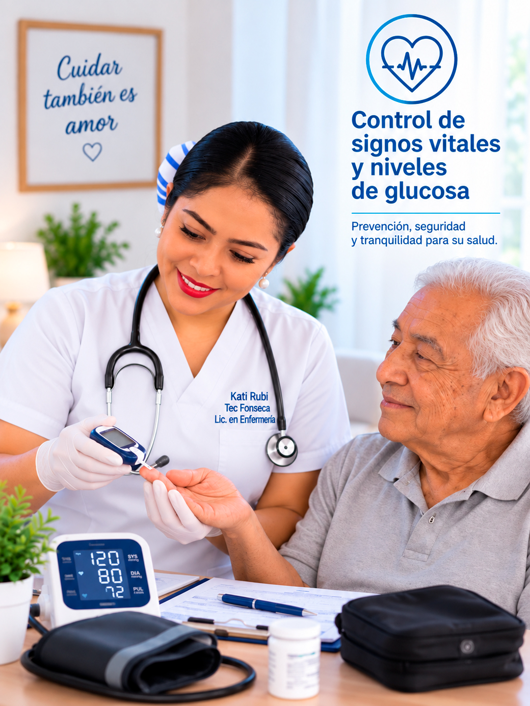 Kati realizando control de signos vitales y niveles de glucosa
