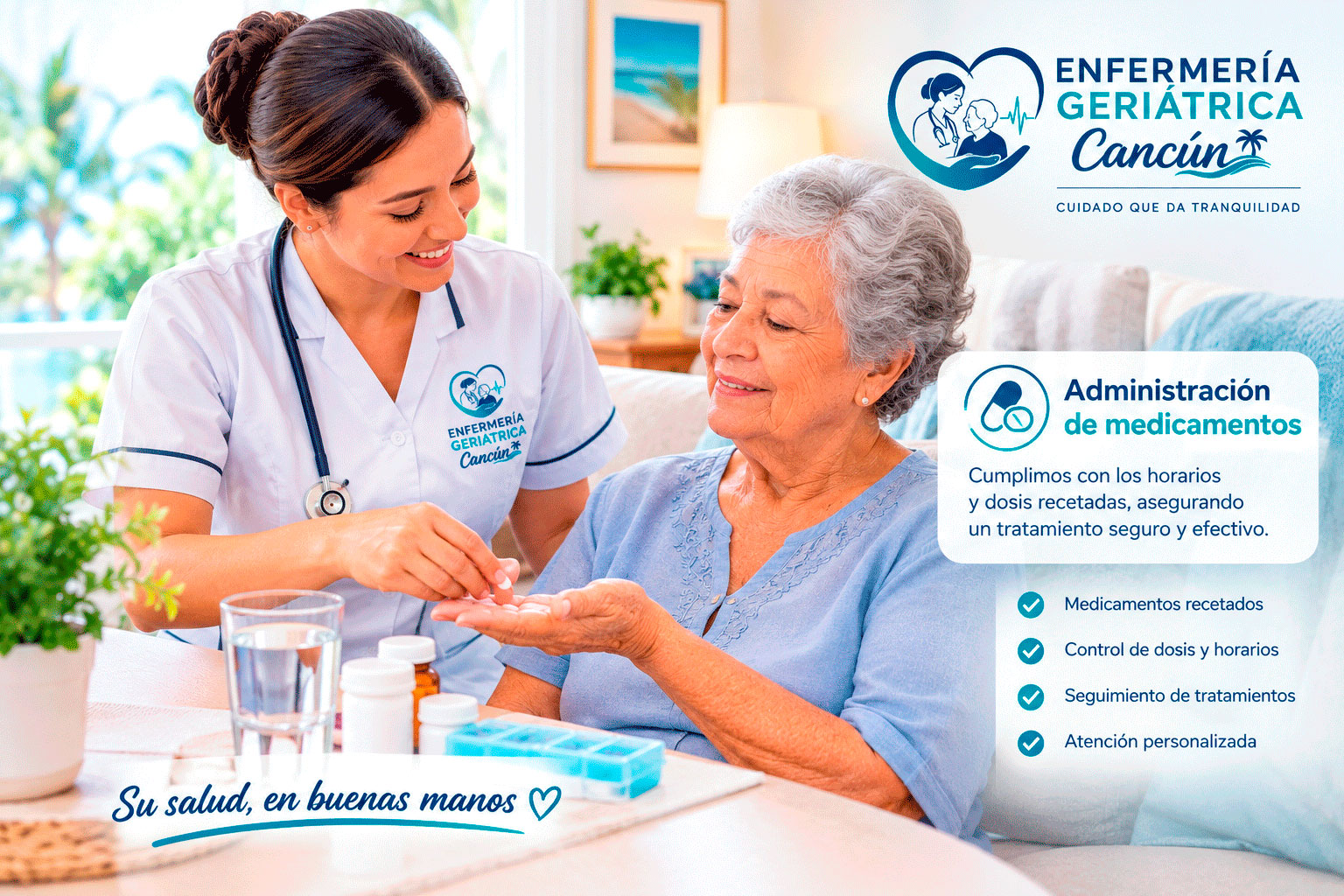 Enfermera asistiendo a una adulta mayor